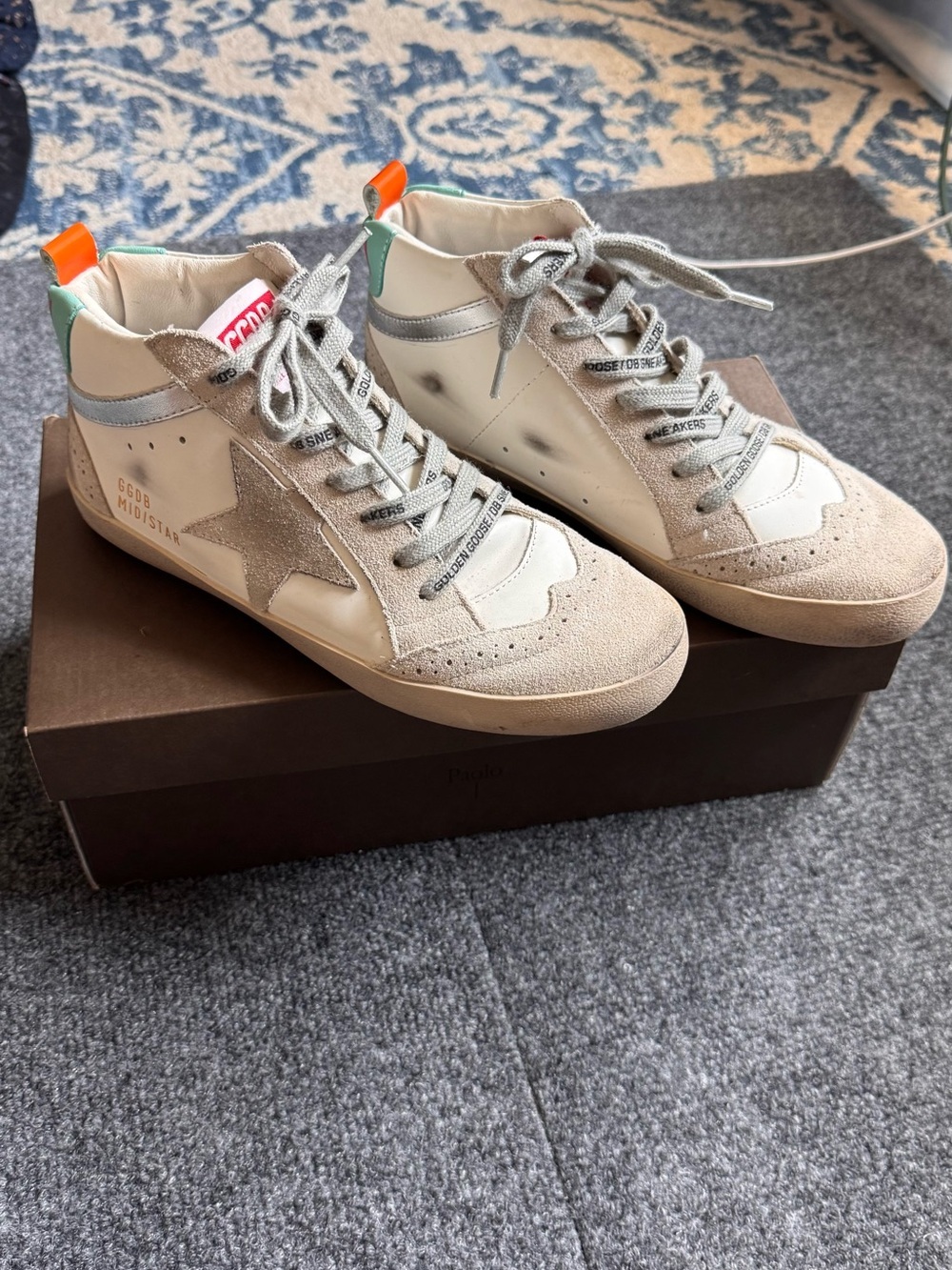 Golden Goose Mid Star High Top Sneakers White Silver Glitter EU 38 Distressed
